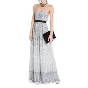Bcbgmaxazria Amber Strapless Maxi Dress Party Cocktail White Gray Print  Size 2